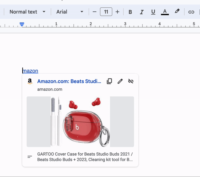 Entering characters at the start of a link's text wouldn't make them part of the linked text in Google Doc